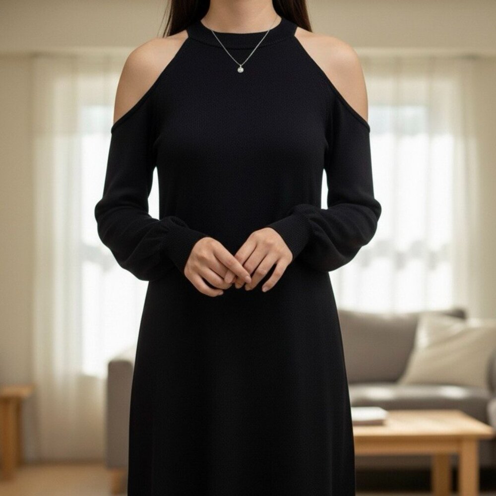 Zara Knit Cold Shoulder Mini Dress Black | Size L (fits M)